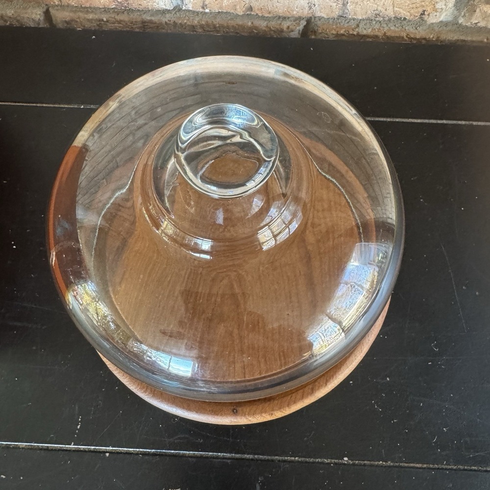 Vintage Teak Wood Cheese Board / Cake Stand w/Glass Cloche Dome Mid-Century - Picture 5 of 8